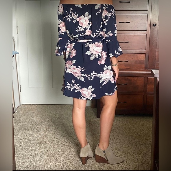 New Women’s Off Shoulder Ruffles Floral Tunic Casual Party Shift Short Dress Med - Picture 4 of 5